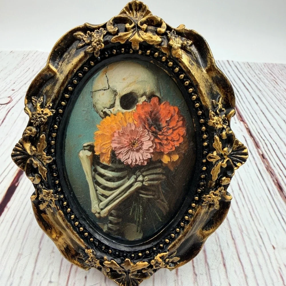 Gothic Skeleton Floral Art Print Decoupage Ornate Gold Resin Oval Frame 4